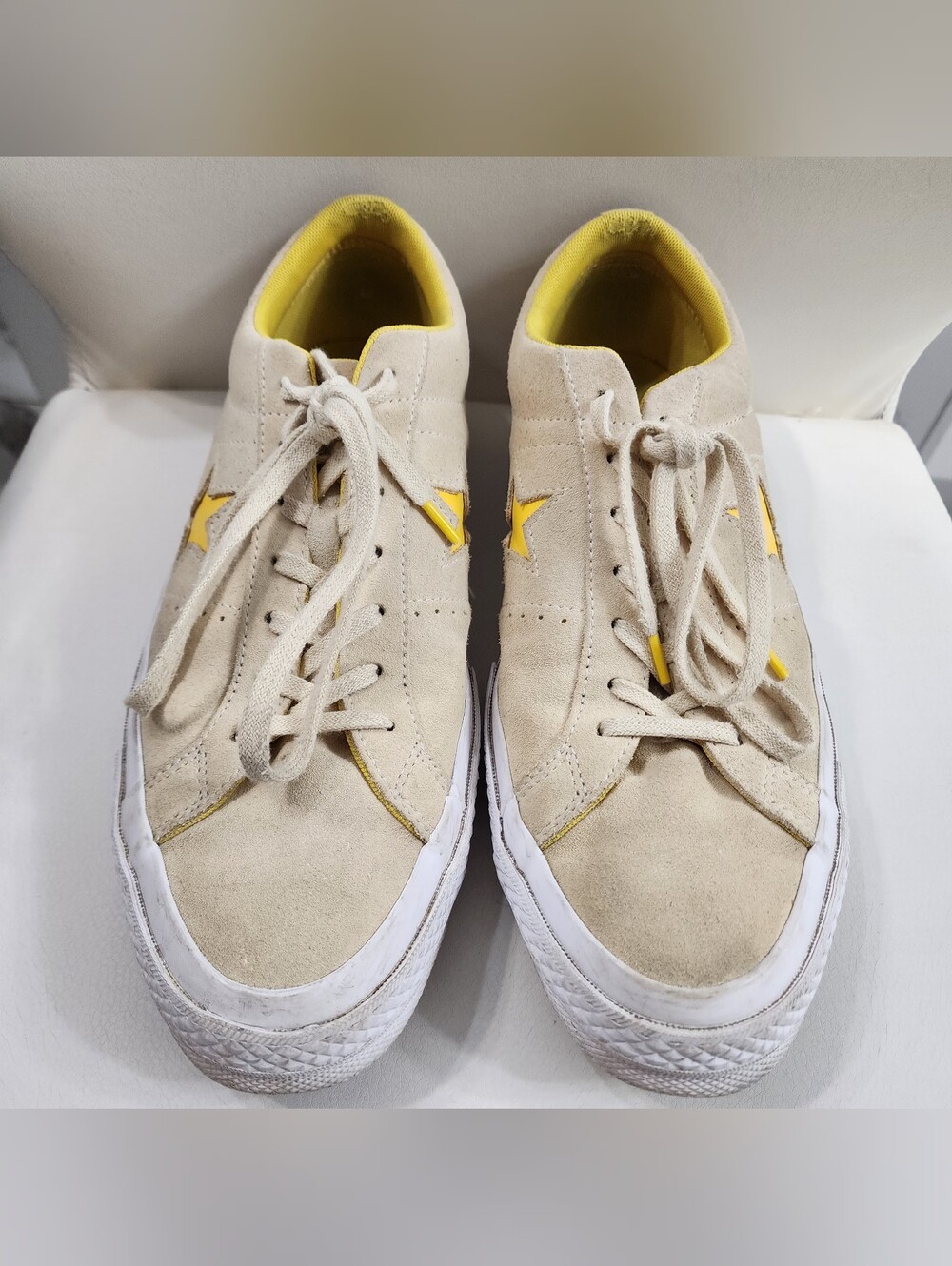 Converse Beige Suede Sneakers with Yellow Star Accents